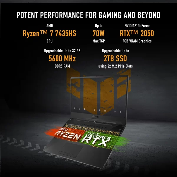 ASUS TUF Gaming A15, 15.6" (39.62cm) FHD 16:9 144Hz, AMD Ryzen 7 7435HS, Gaming Laptop (16 DDR5/512GB SSD/NVIDIA GeForce RTX 2050/Windows 11 Home/Graphite Black/2.30 Kg), FA506NFR-HN045W - Image 2